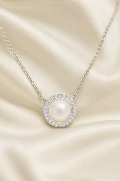 Round Pearl Zircon Pendant Necklace for Women 925 Silver Finish Elegant Daily and Party Wear Chain