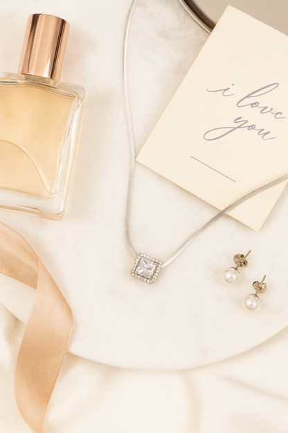 Square Solitaire Zircon Pendant Necklace for Women 925 Silver Finish Elegant Daily and Party Wear Chain