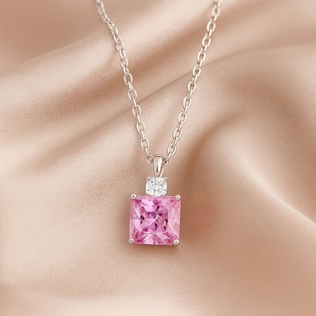 925 Silver Pink Square Pendant Necklace for Women – Elegant Sparkling CZ Charm