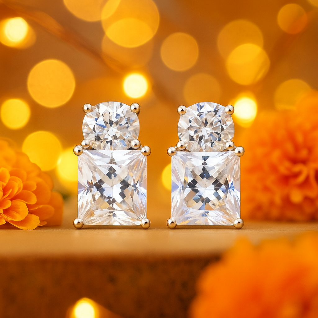 Elegant Two-Stone Princess Cut & Round Zircon Earrings for Women