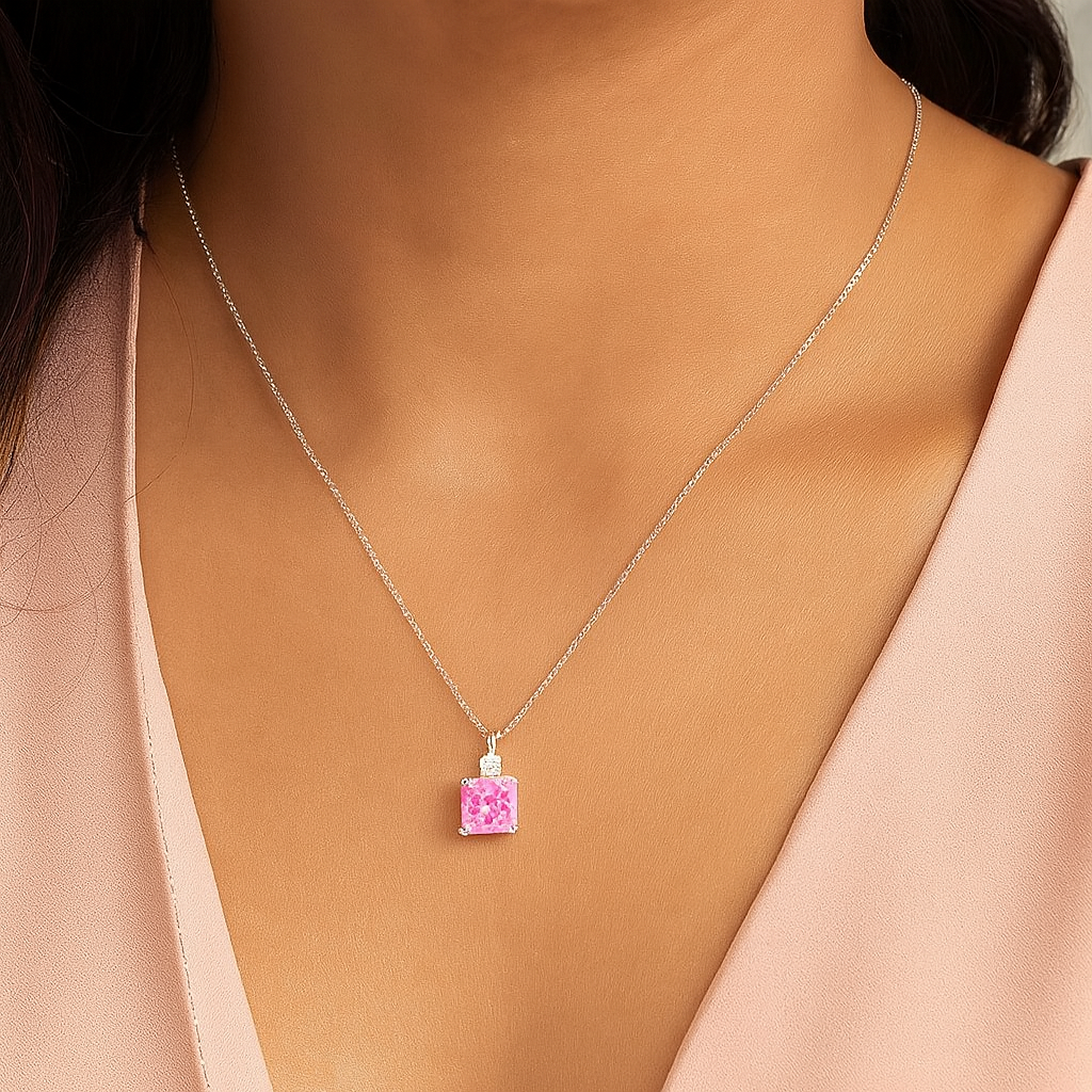 925 Silver Pink Square Pendant Necklace for Women – Elegant Sparkling CZ Charm