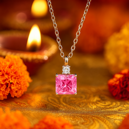 925 Silver Pink Square Pendant Necklace for Women – Elegant Sparkling CZ Charm