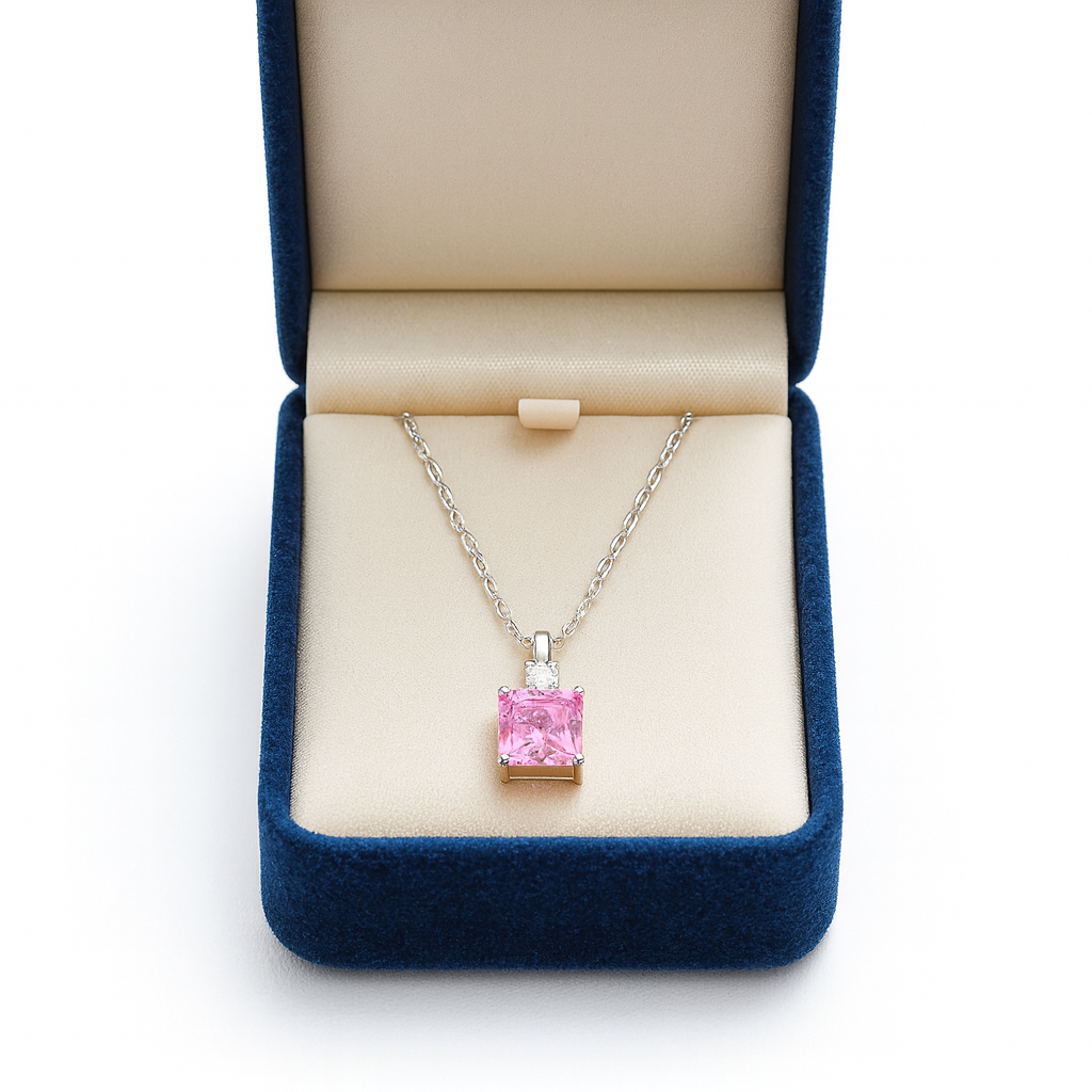 925 Silver Pink Square Pendant Necklace for Women – Elegant Sparkling CZ Charm