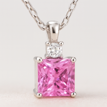 925 Silver Pink Square Pendant Necklace for Women – Elegant Sparkling CZ Charm