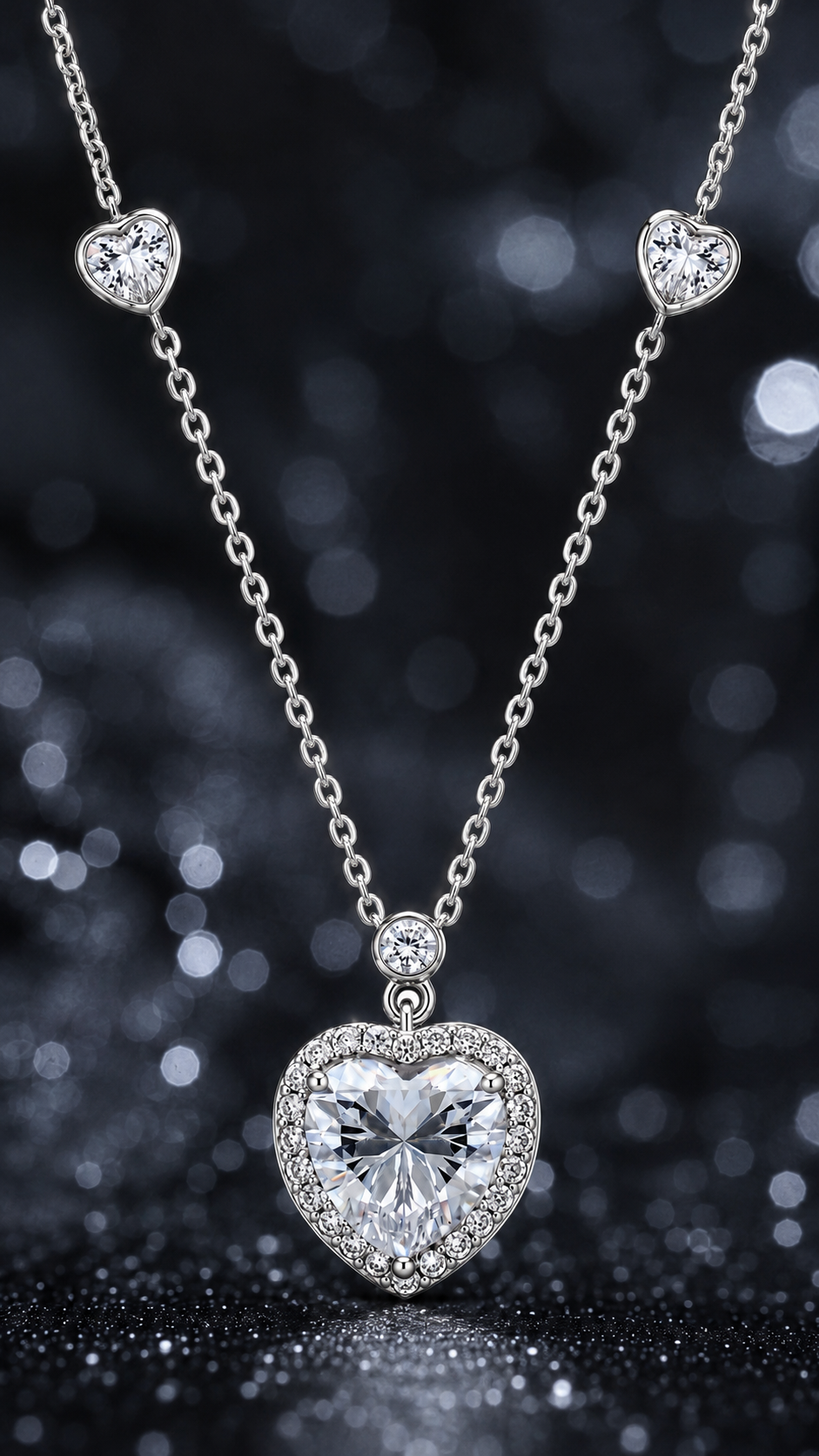 Elegant Silver Heart Halo Pendant Necklace