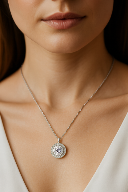 925 Silver Classic Halo Pendant Necklace for Women – Round Brilliant CZ Solitaire Design