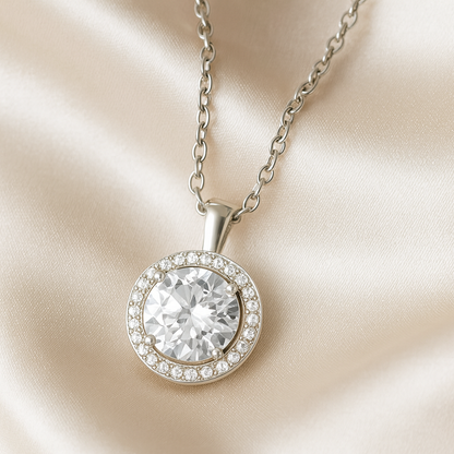 925 Silver Classic Halo Pendant Necklace for Women – Round Brilliant CZ Solitaire Design