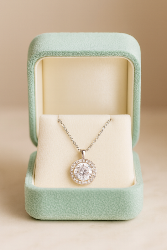 925 Silver Classic Halo Pendant Necklace for Women – Round Brilliant CZ Solitaire Design