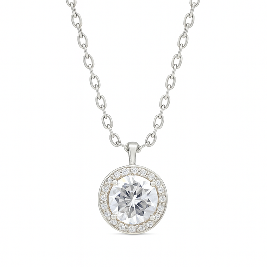 925 Silver Classic Halo Pendant Necklace for Women – Round Brilliant CZ Solitaire Design