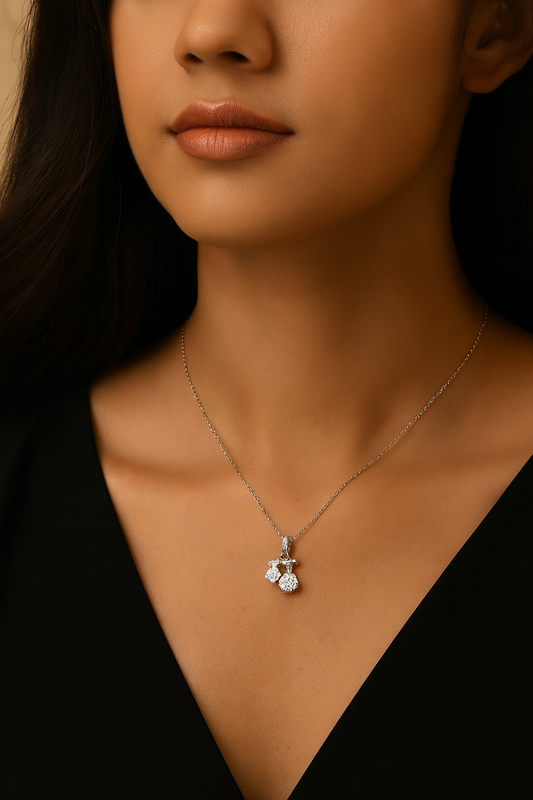 925 Silver Twin Drop Bow Pendant Necklace for Women – Elegant Double CZ Solitaire Design