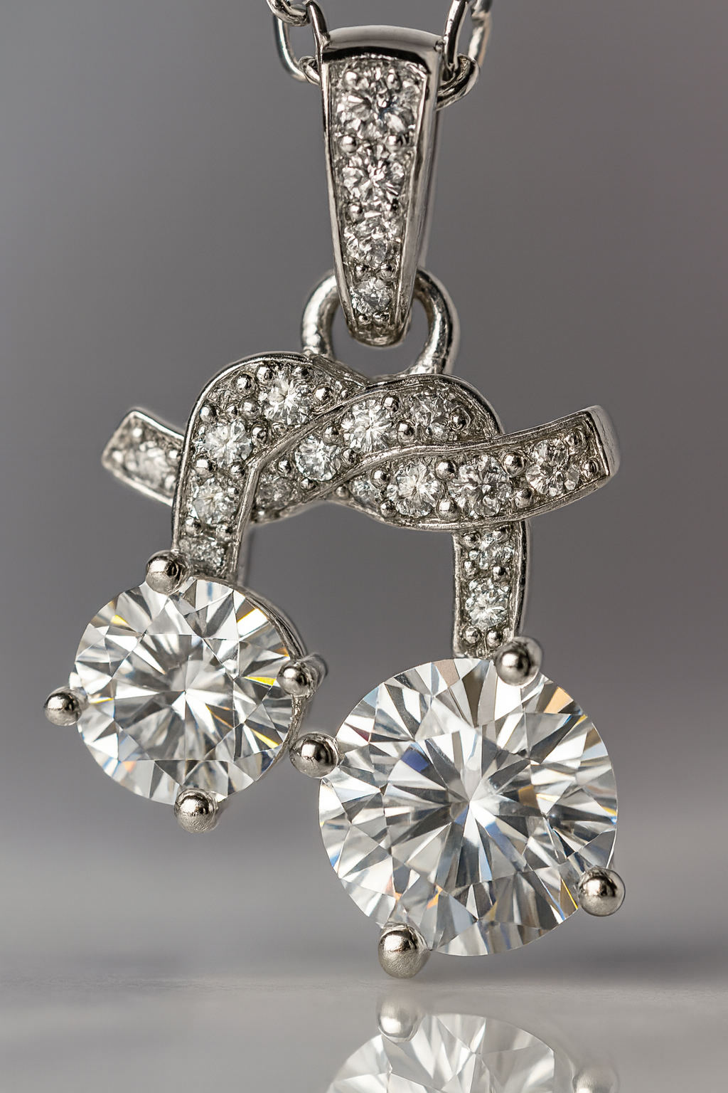 925 Silver Twin Drop Bow Pendant Necklace for Women – Elegant Double CZ Solitaire Design