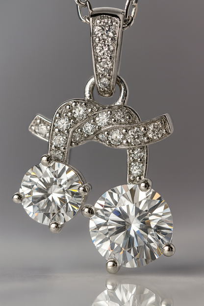925 Silver Twin Drop Bow Pendant Necklace for Women – Elegant Double CZ Solitaire Design
