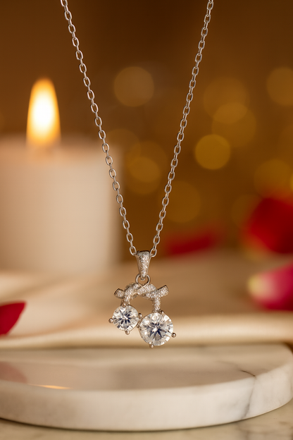 925 Silver Twin Drop Bow Pendant Necklace for Women – Elegant Double CZ Solitaire Design