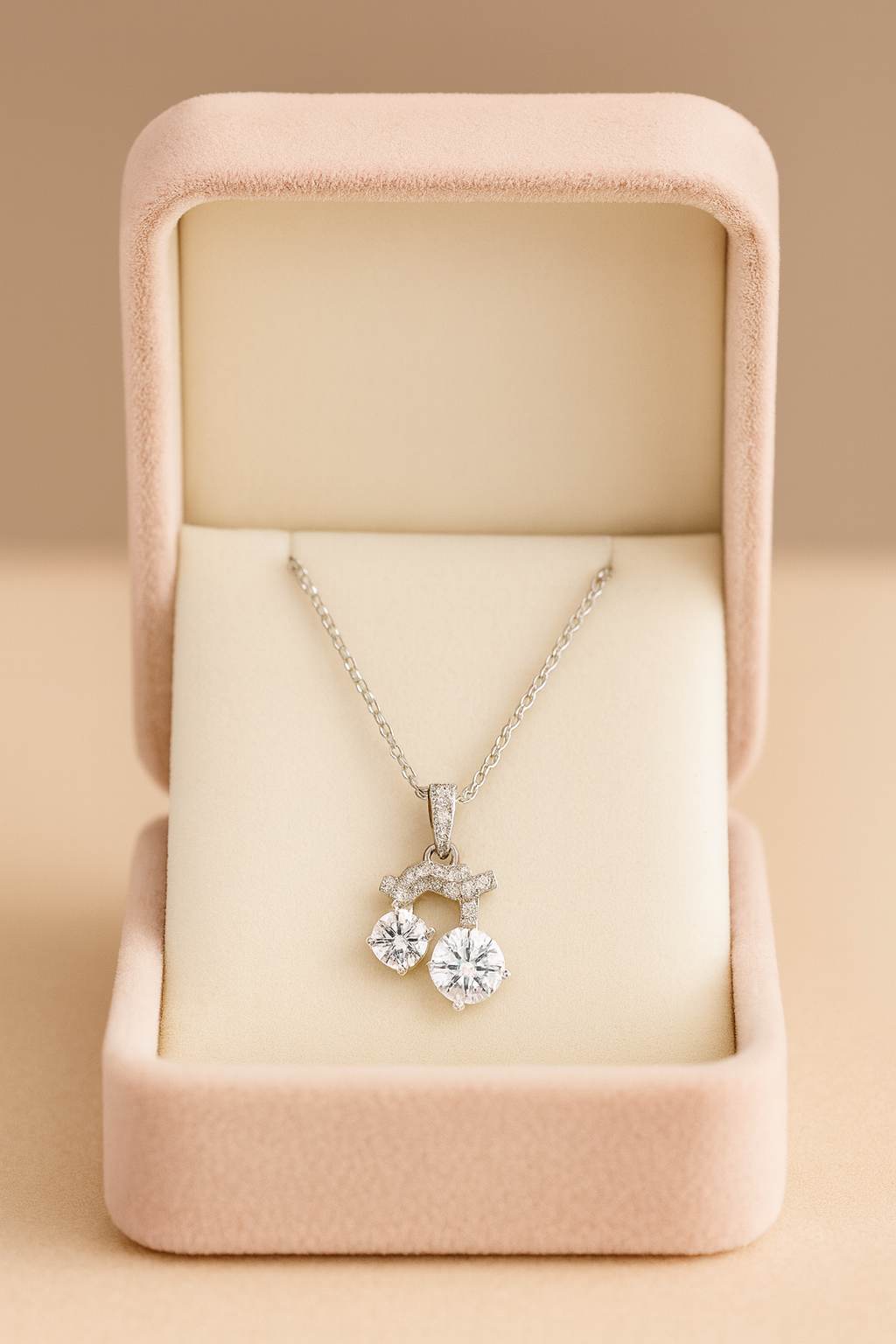 925 Silver Twin Drop Bow Pendant Necklace for Women – Elegant Double CZ Solitaire Design