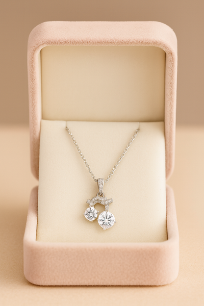 925 Silver Twin Drop Bow Pendant Necklace for Women – Elegant Double CZ Solitaire Design