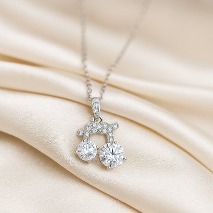 925 Silver Twin Drop Bow Pendant Necklace for Women – Elegant Double CZ Solitaire Design