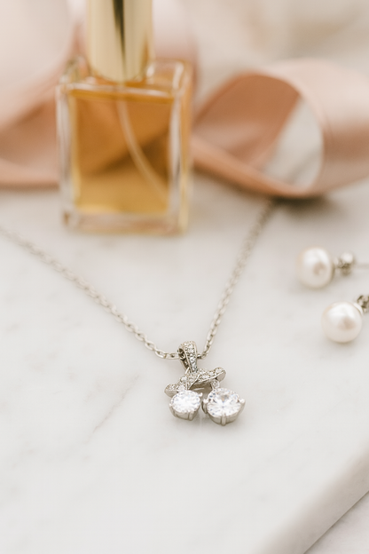 925 Silver Twin Drop Bow Pendant Necklace for Women – Elegant Double CZ Solitaire Design