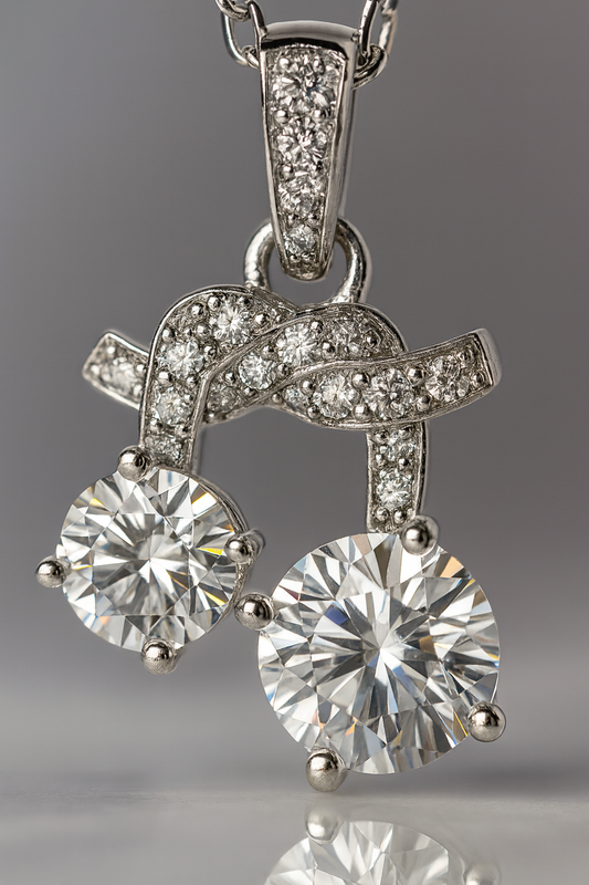 925 Silver Twin Drop Bow Pendant Necklace for Women – Elegant Double CZ Solitaire Design