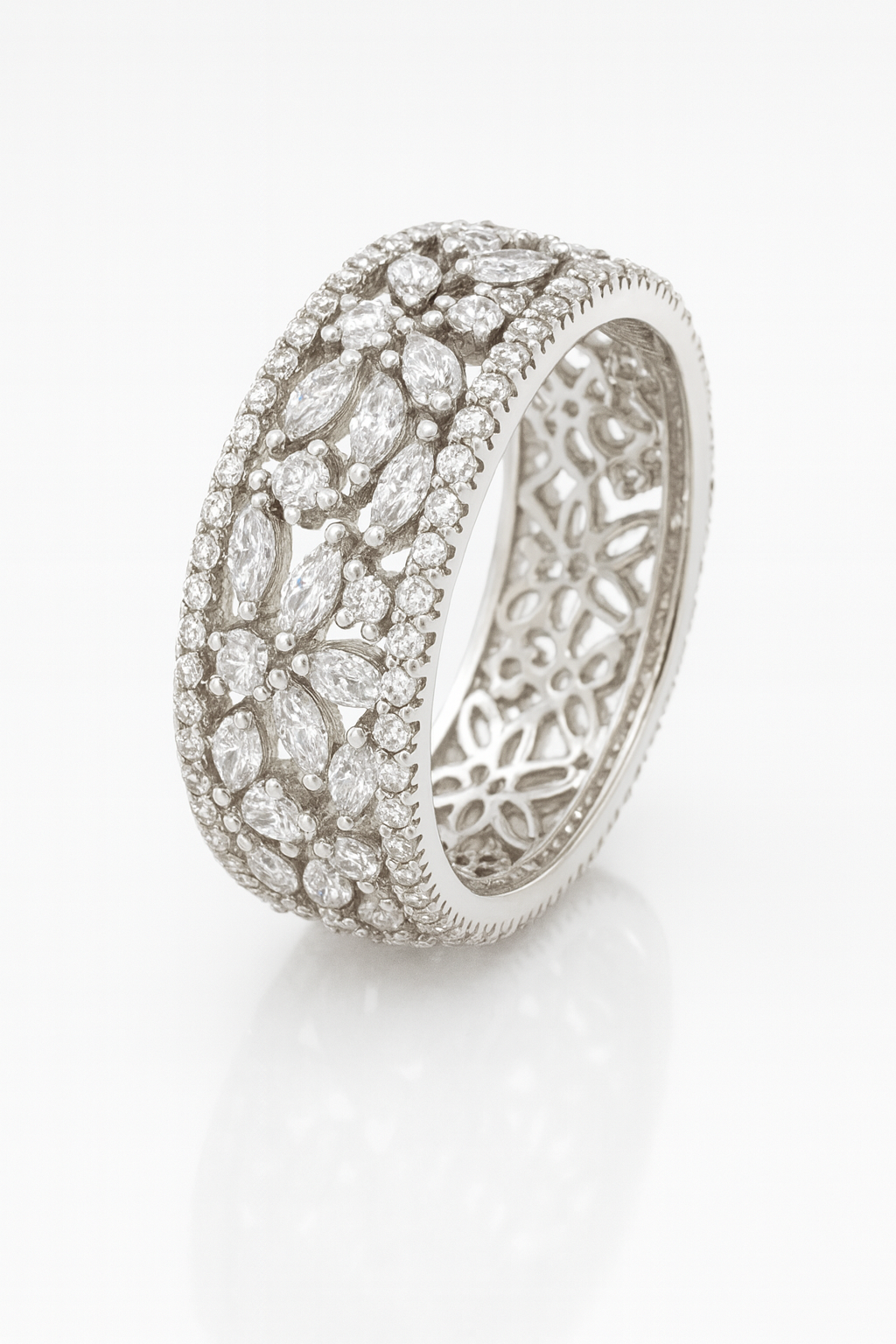 Floral Eternity Band Zircon Ring for Women 925 Silver Finish Elegant Wide Design Wedding and Party Wear Ring