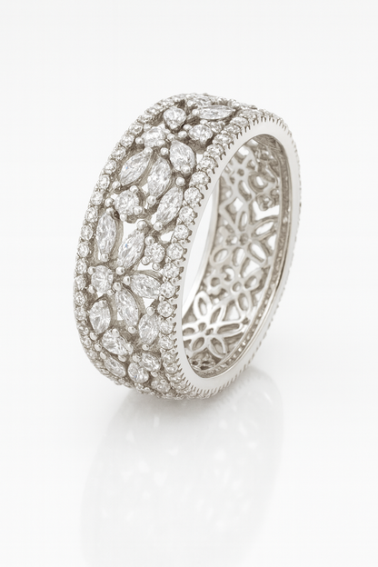 Floral Eternity Band Zircon Ring for Women 925 Silver Finish Elegant Wide Design Wedding and Party Wear Ring