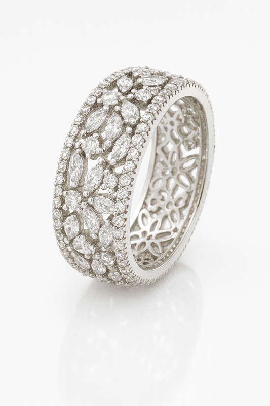 Floral Eternity Band Zircon Ring for Women 925 Silver Finish Elegant Wide Design Wedding and Party Wear Ring