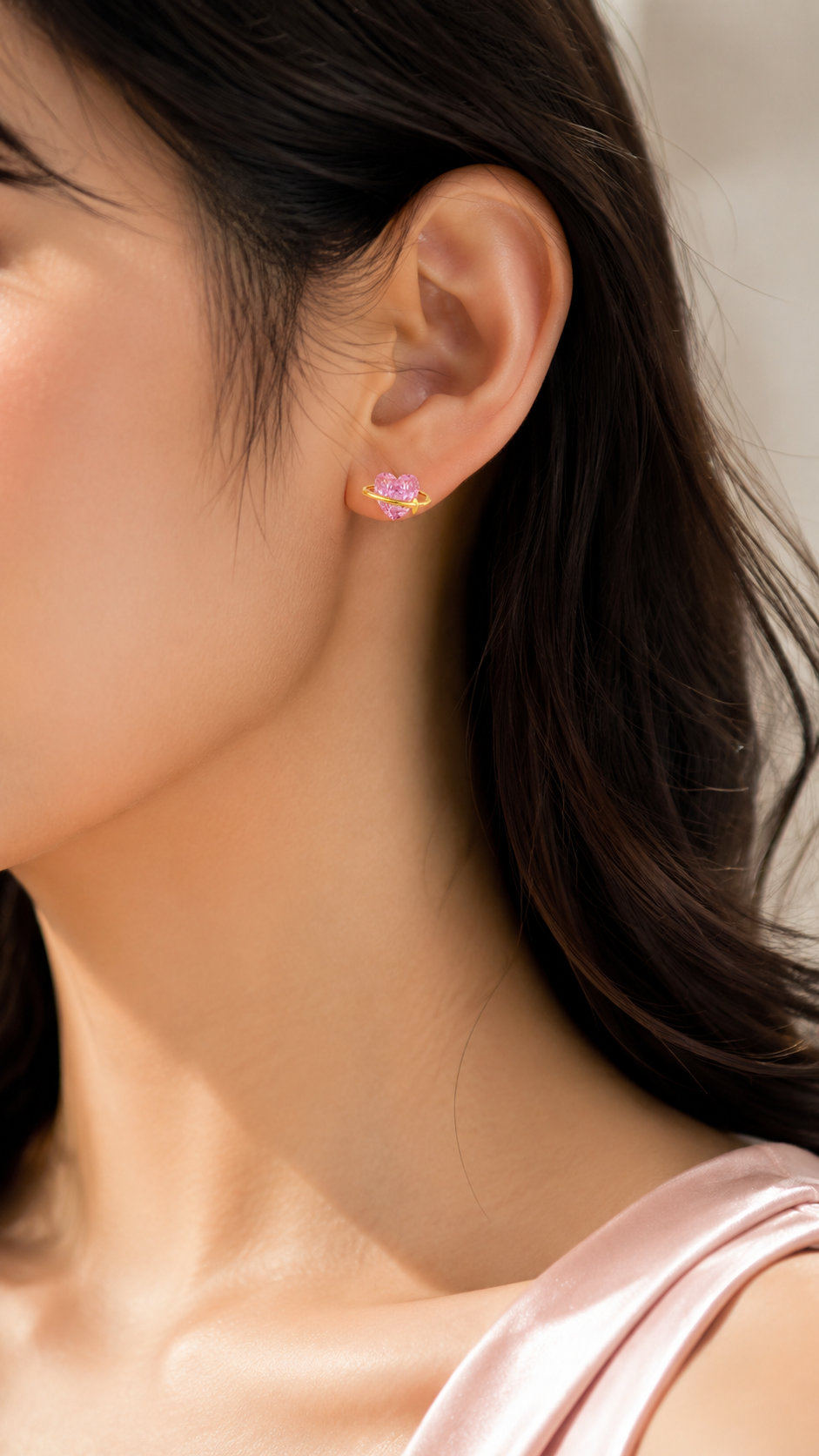 Elegant Gold-Plated Pink Heart Crystal Saturn Planet Stud Earrings for Women