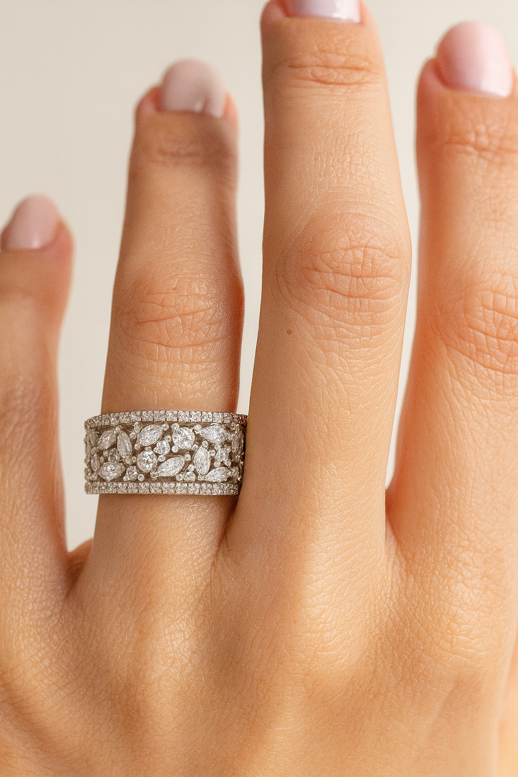 Floral Eternity Band Zircon Ring for Women 925 Silver Finish Elegant Wide Design Wedding and Party Wear Ring