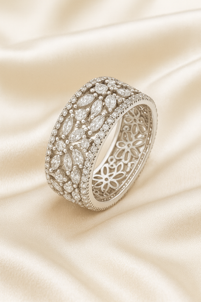 Floral Eternity Band Zircon Ring for Women 925 Silver Finish Elegant Wide Design Wedding and Party Wear Ring