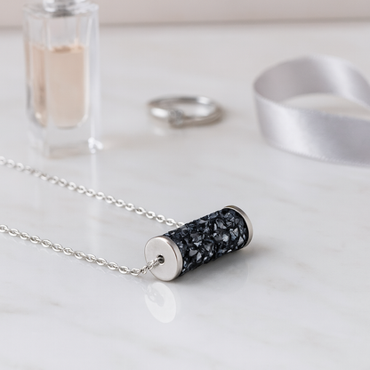 925 Silver Black Crystal Bar Pendant Necklace for Women – Elegant Tube Design with Sparkling Stones