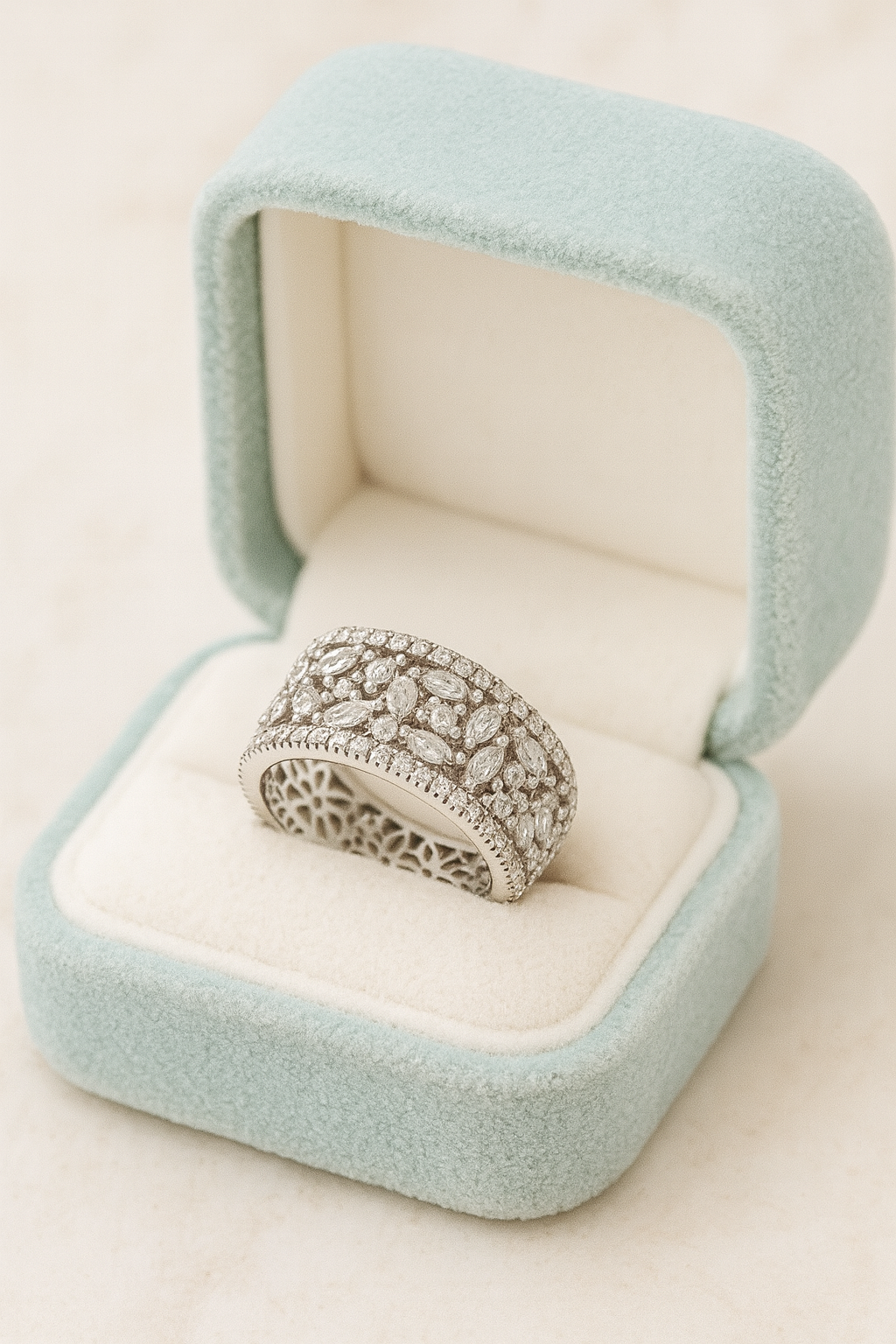 Floral Eternity Band Zircon Ring for Women 925 Silver Finish Elegant Wide Design Wedding and Party Wear Ring