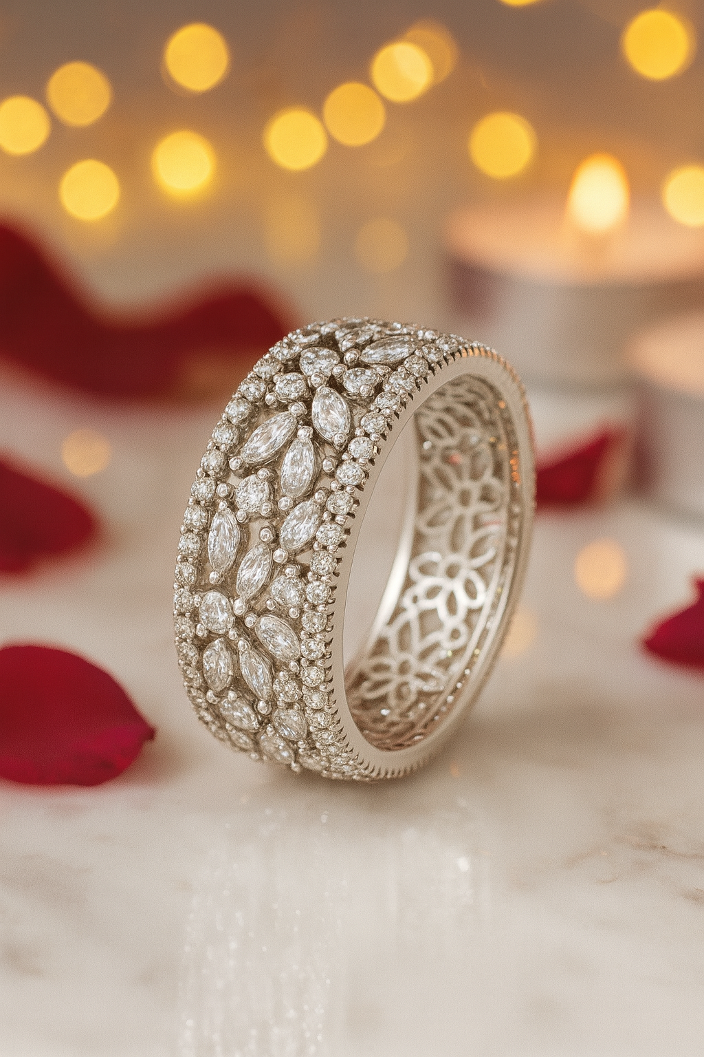 Floral Eternity Band Zircon Ring for Women 925 Silver Finish Elegant Wide Design Wedding and Party Wear Ring