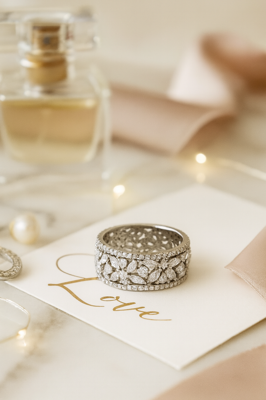 Floral Eternity Band Zircon Ring for Women 925 Silver Finish Elegant Wide Design Wedding and Party Wear Ring