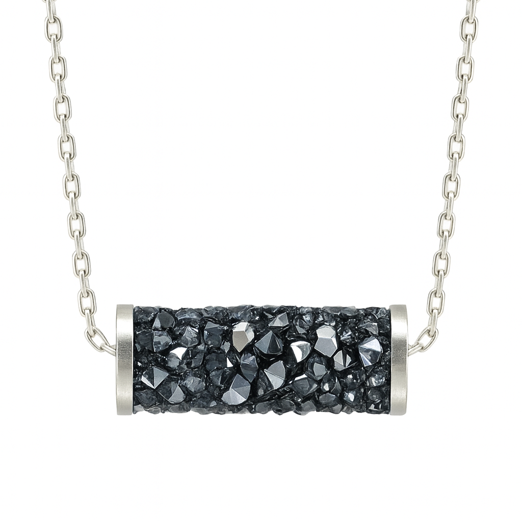 925 Silver Black Crystal Bar Pendant Necklace for Women – Elegant Tube Design with Sparkling Stones