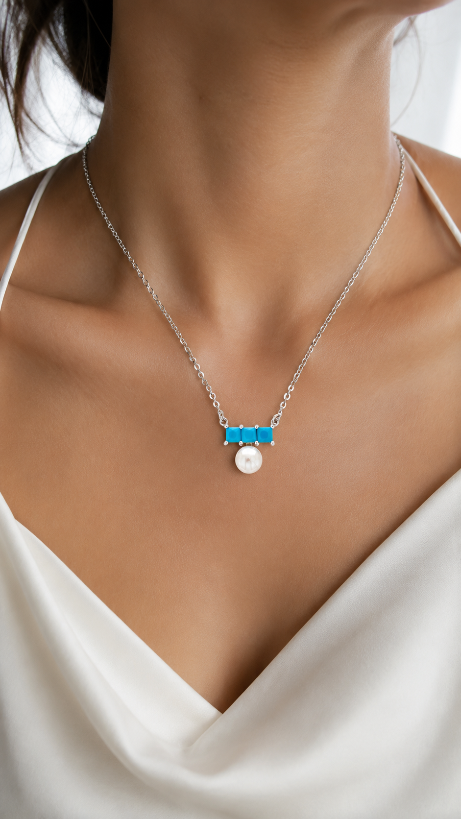 Elegant Silver Turquoise Pearl Pendant Necklace