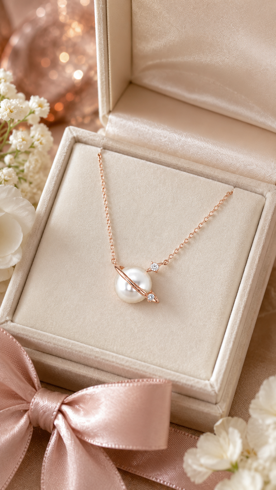 Elegant Rose Gold Pearl Planet Pendant Necklace