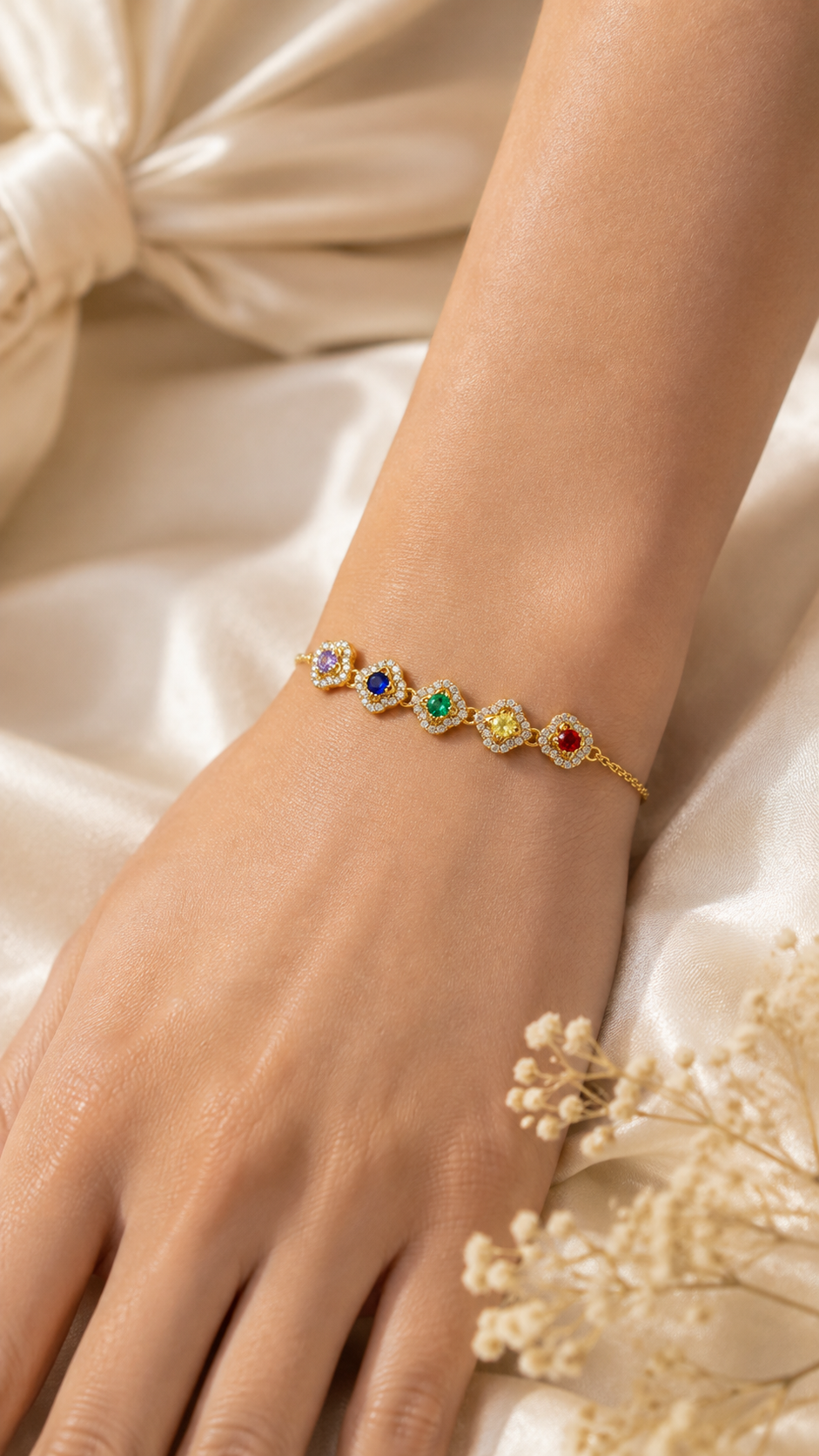 Gold Multicolor Rainbow CZ Halo Station Bracelet