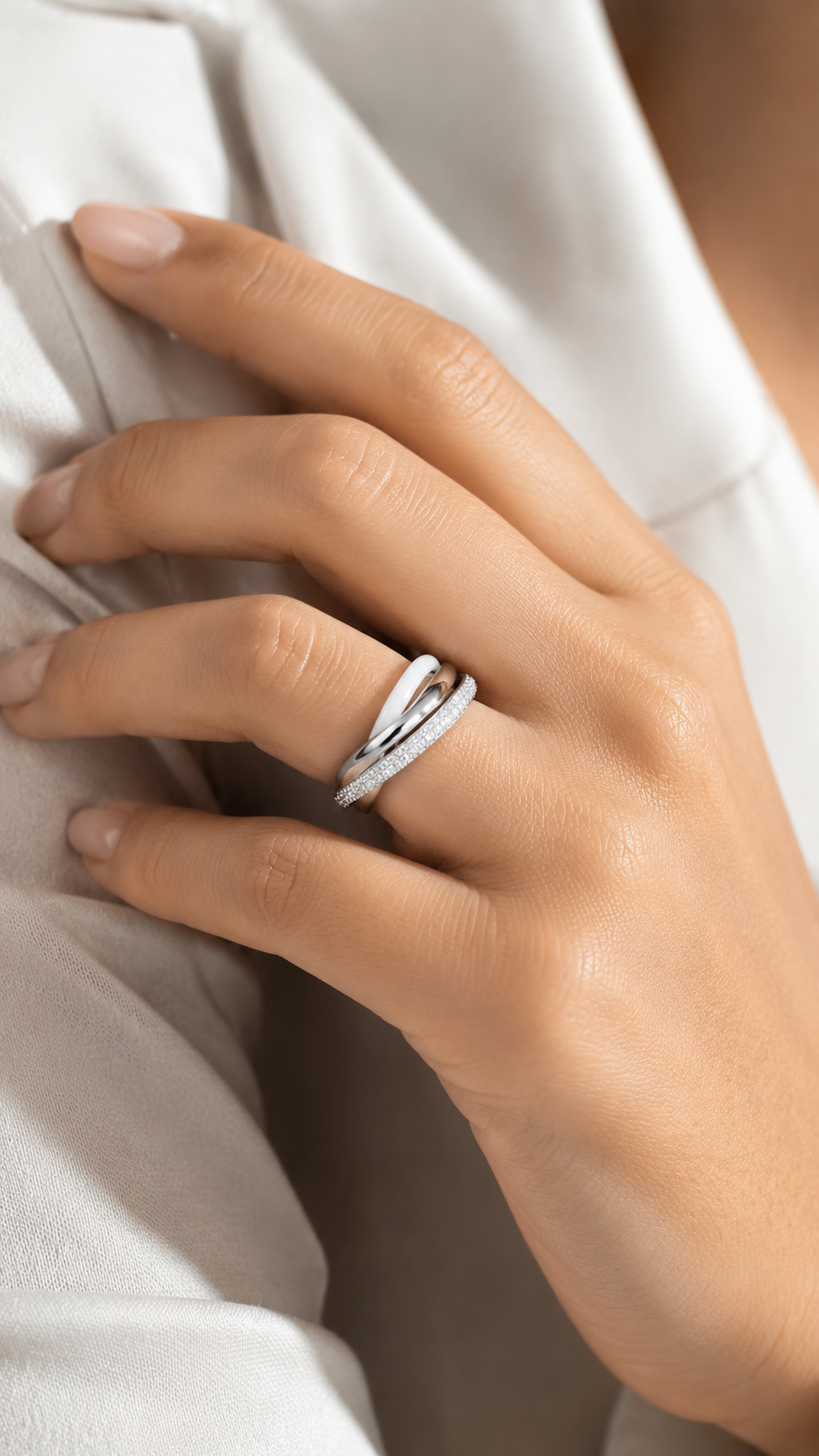 Triple Band White Ceramic Interlocking Ring