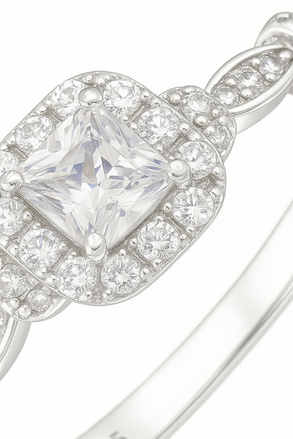Elegant 925 Silver Square Halo Zircon Ring for Women – Classic Engagement & Party Wear Finger Ring