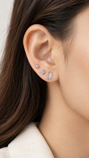 Crescent Moon, Four Point Star Ball Earrings Set – 3 Pairs - Aaryahi Silver jewellery product photo