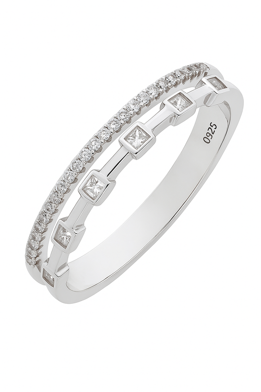 Stylish 925 Silver Dual Line Zircon Ring for Women – Elegant Geometric Finger Ring for Party & Daily Wear