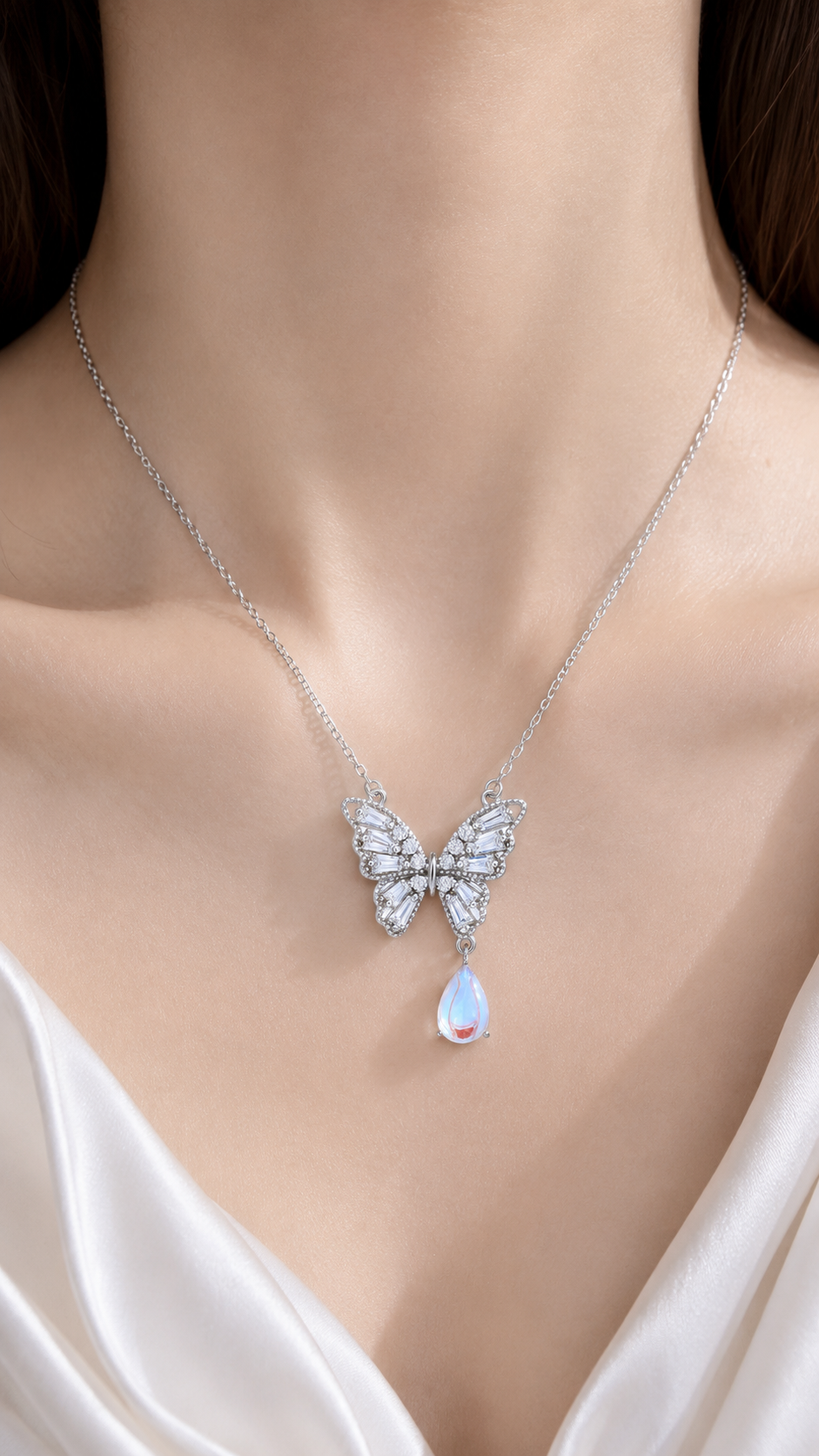 Elegant Silver Butterfly Opal Drop Pendant Necklace