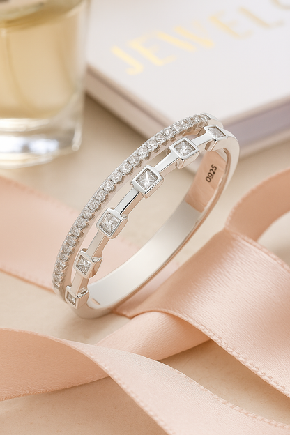 Stylish 925 Silver Dual Line Zircon Ring for Women – Elegant Geometric Finger Ring for Party & Daily Wear