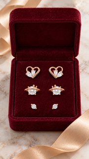Heart, Crown Planet & Solitaire Stud Earrings Set - Aaryahi Silver jewellery product photo