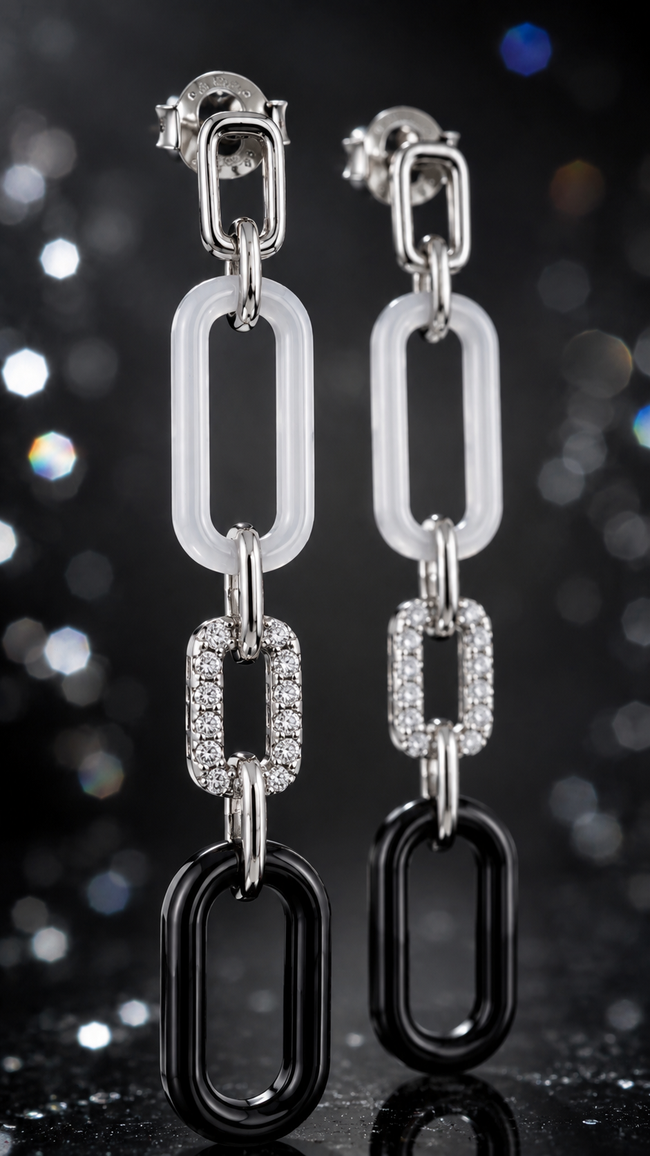 Black & White Geometric Link Long Earrings