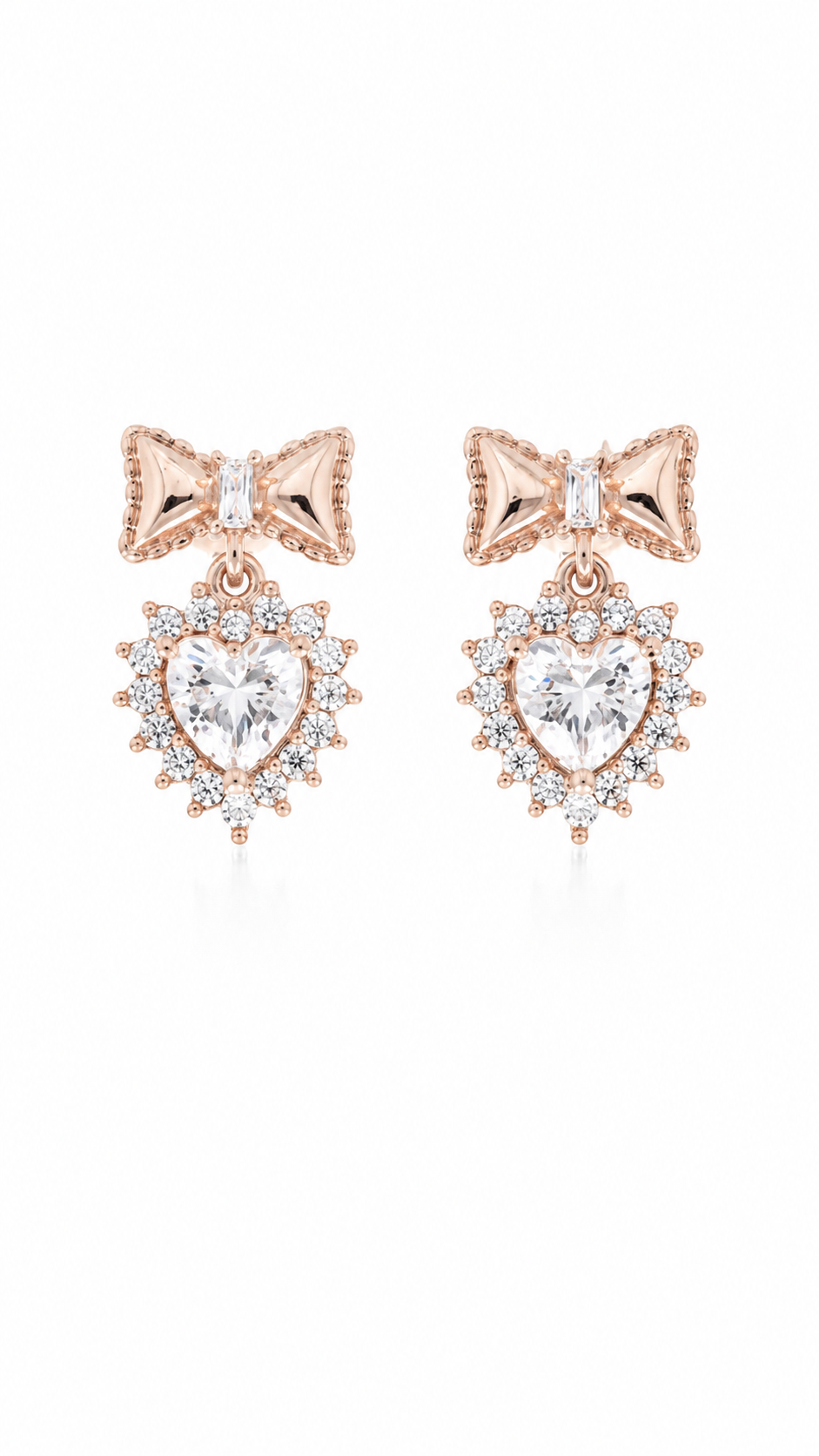 Rose Gold Bow Heart Halo CZ Drop Stud Earrings
