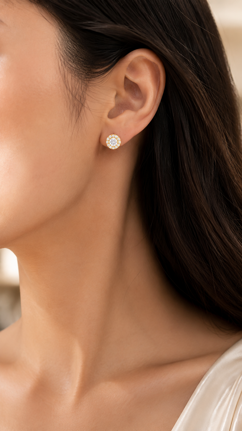 Gold Round CZ Halo Stud Earrings for Women