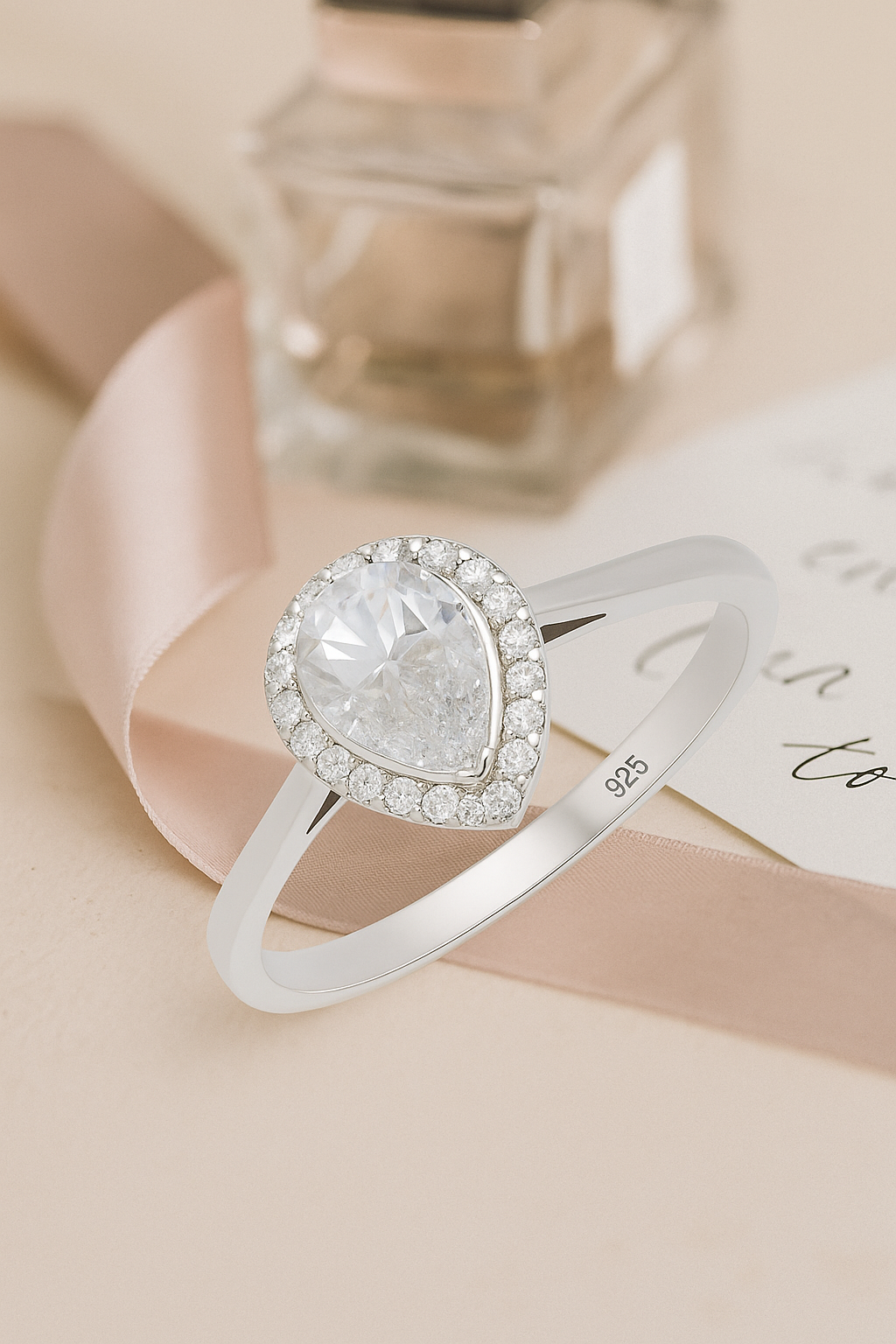 Elegant 925 Silver Teardrop Zircon Halo Ring for Women – Classic Solitaire Engagement & Party Wear Ring