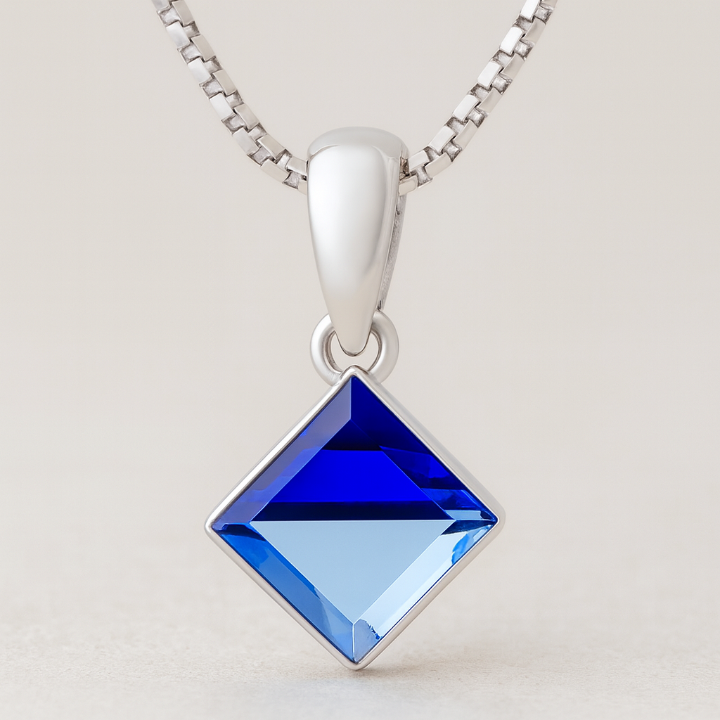 925 Silver Blue Prism Crystal Pendant Necklace for Women – Elegant Geometric Design