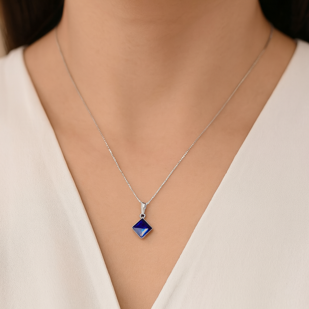 925 Silver Blue Prism Crystal Pendant Necklace for Women – Elegant Geometric Design
