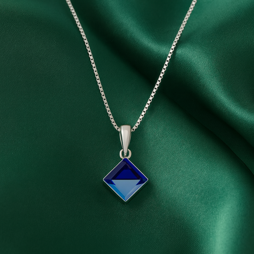 925 Silver Blue Prism Crystal Pendant Necklace for Women – Elegant Geometric Design